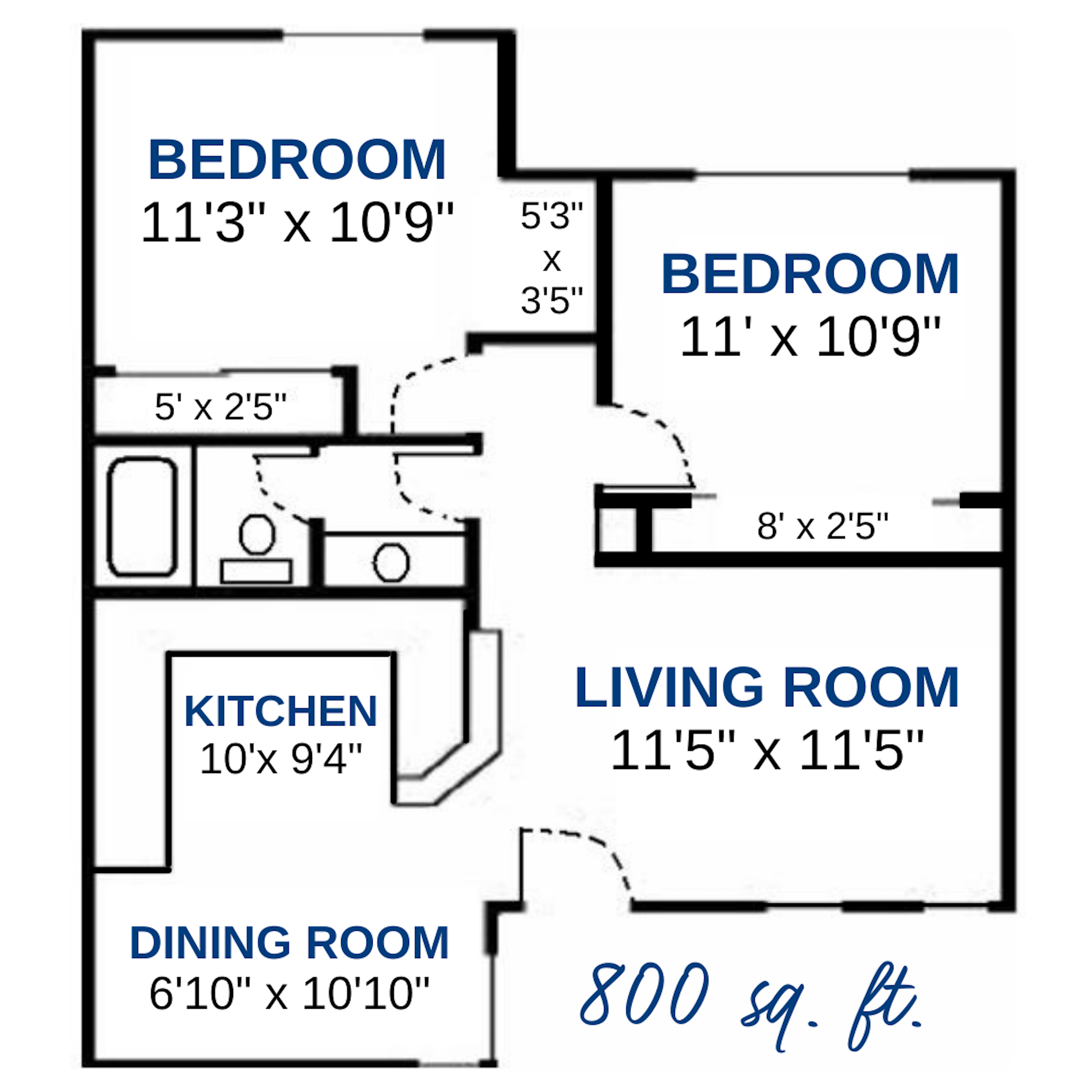 Floor plan for 2 beds, 1 bath, 800 sqft